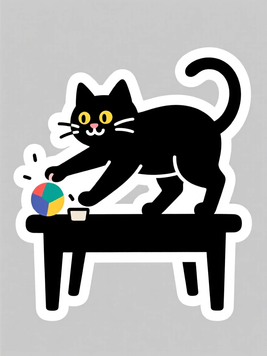A delightfully relatable cat knocking a small object off a table with a mischievous look, caught in a perfectly timed adorable pose, a small joyful moment worth capturing.