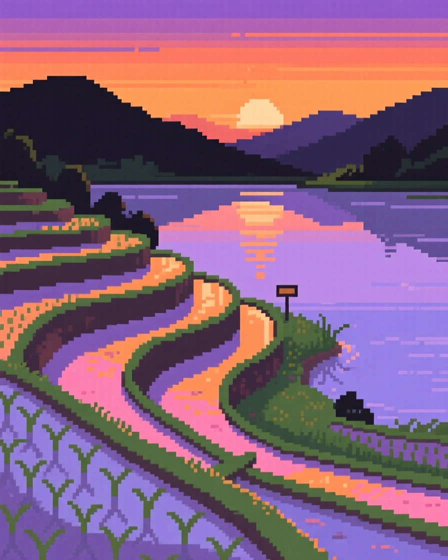 A terraced rice field reflecting the colors of a setting sun, beside a calm and glassy lake.