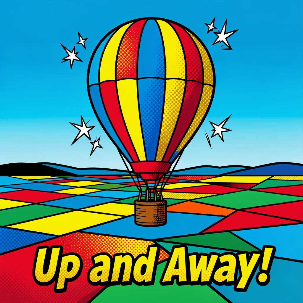 A hot air balloon drifting over a patchwork valley