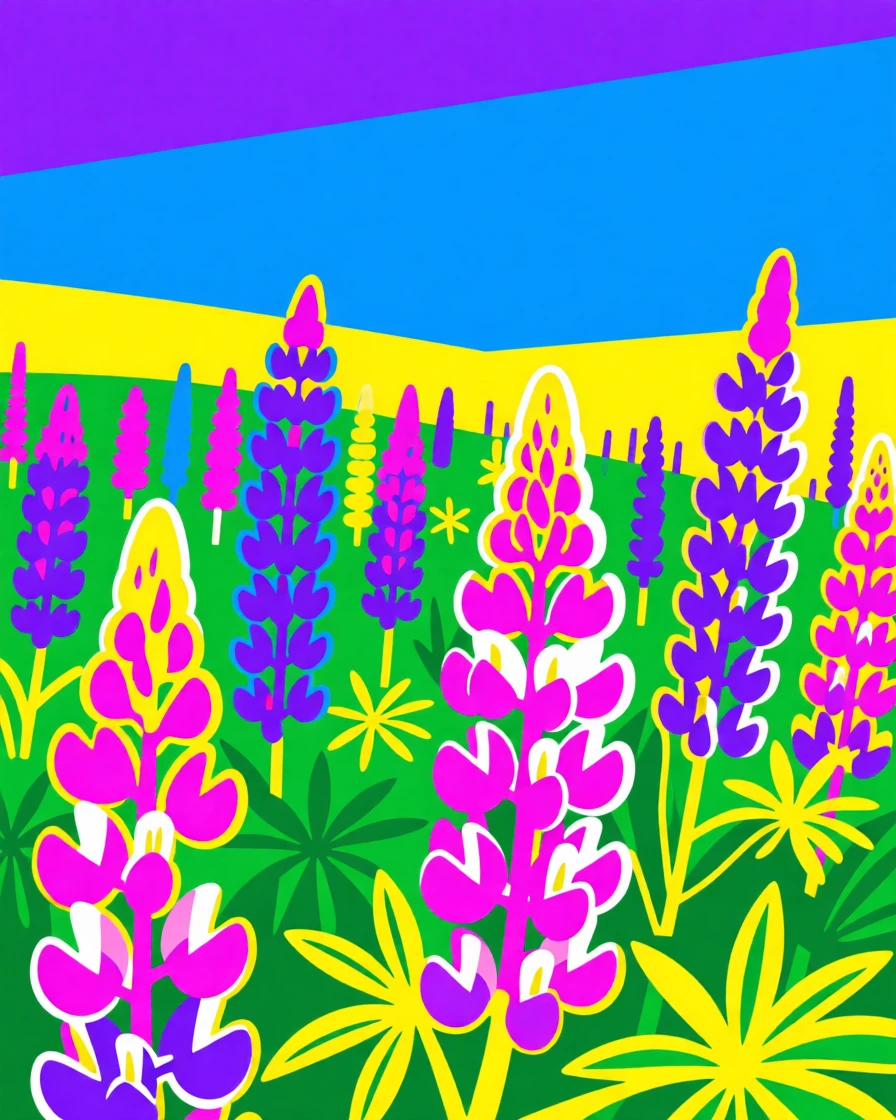 Wild lupine field in shades of purple and blue