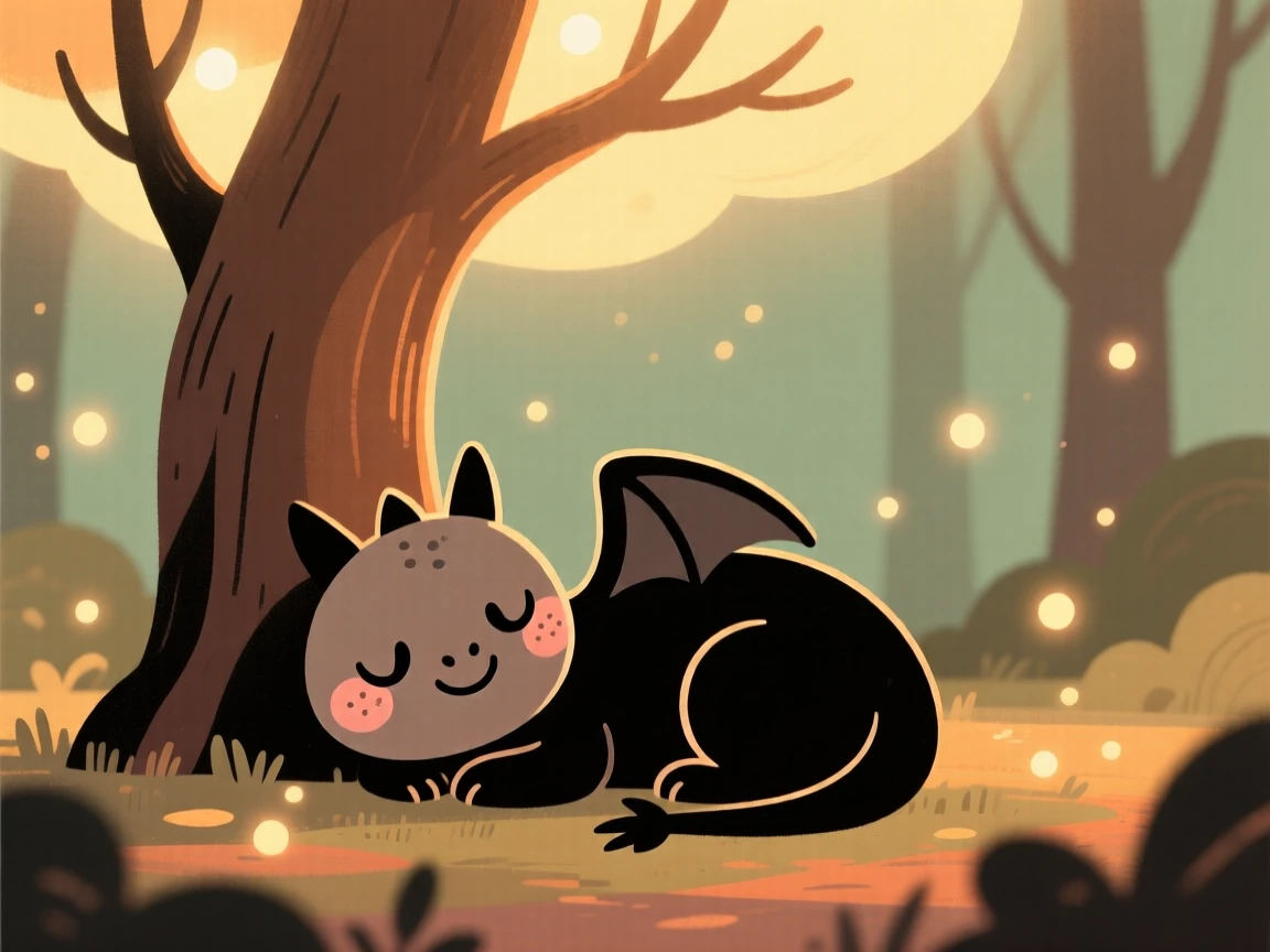 A small dragon rests beneath a glowing tree in an enchanted forest, surrounded by drifting motes of light that drifts gently through the air.