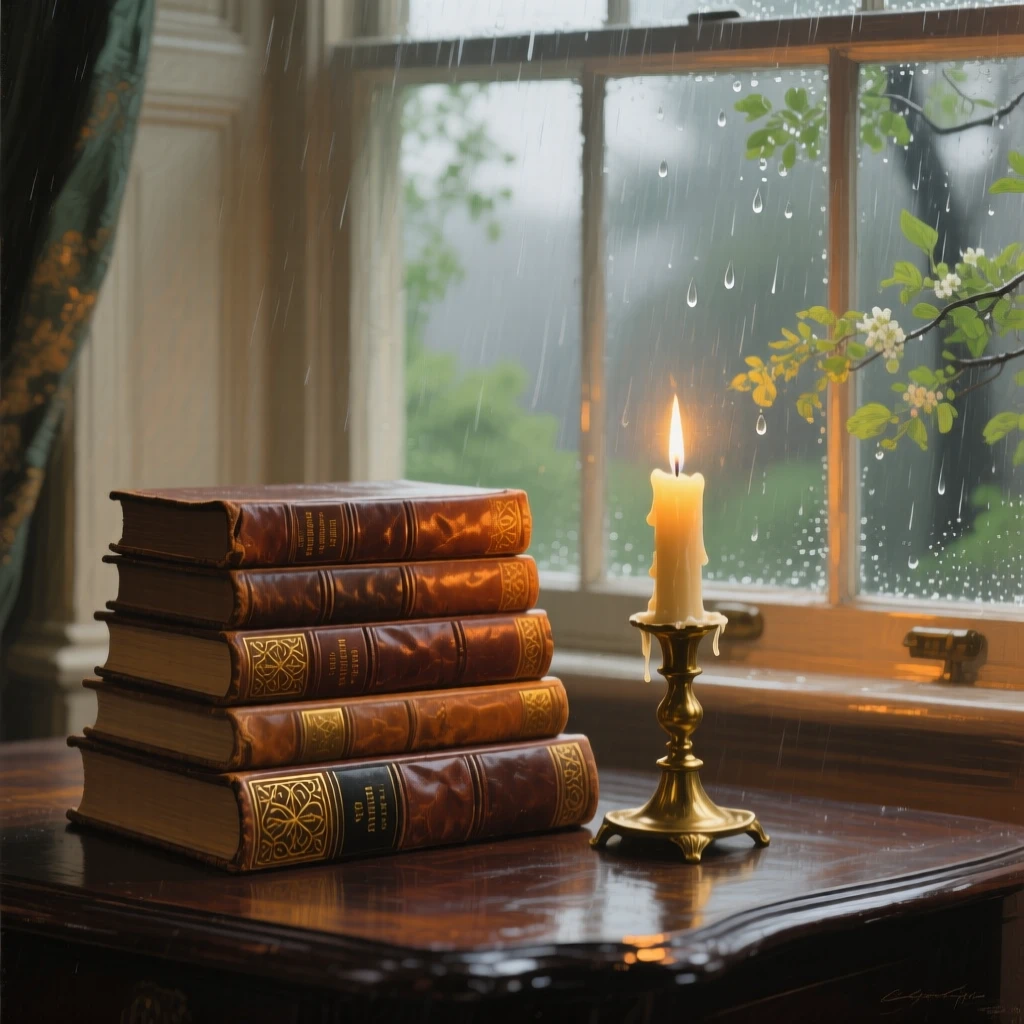 A centered composition of a stack of leather-bound books beside a lit candle, during a gentle spring shower, in the Victorian era.