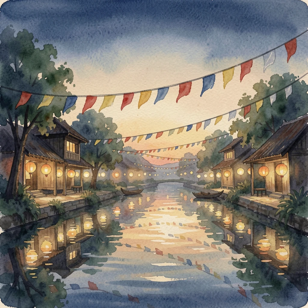 A traditional Vietnamese lantern festival on a river under strings of colorful festival flags.