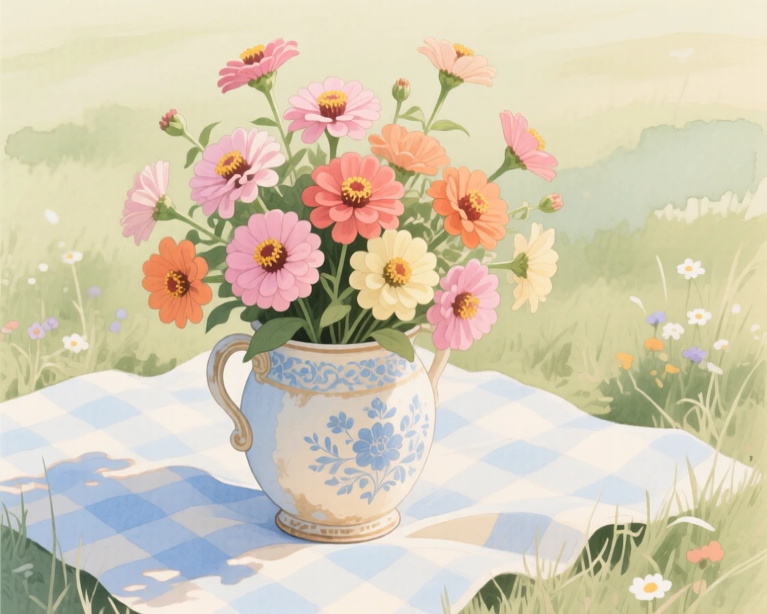 A bouquet of zinnias in soft, layered tones fills an antique porcelain urn on a picnic blanket in a meadow, petals catching the gentle light