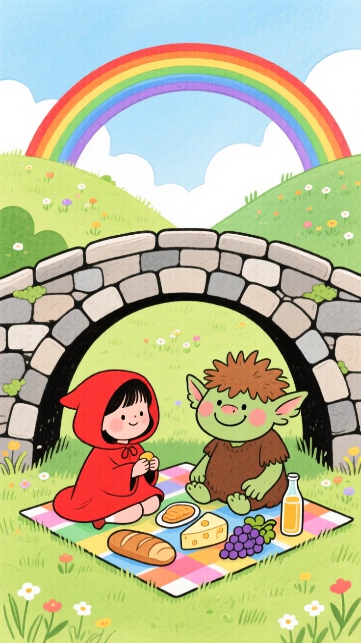 A little girl in a red hooded cloak sharing a picnic with a friendly troll under a bridge inside a rainbow bridge between two hills.