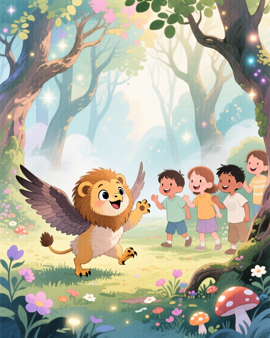 A curious baby griffin playing with a group of delighted children, in an ancient magical grove, filled with a sense of peaceful mysticism.