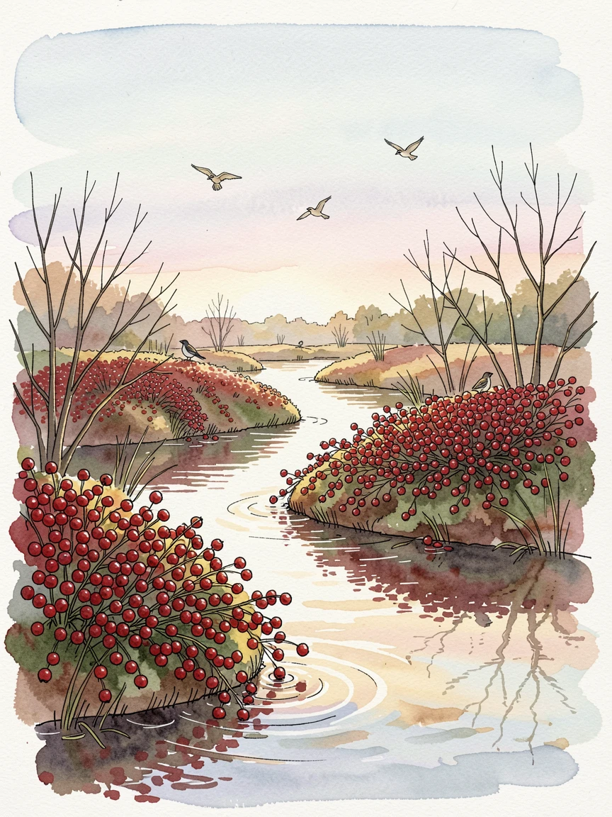 A quiet cranberry bog glowing crimson in early autumn, birdsong drifting through the stillness of early morning.
