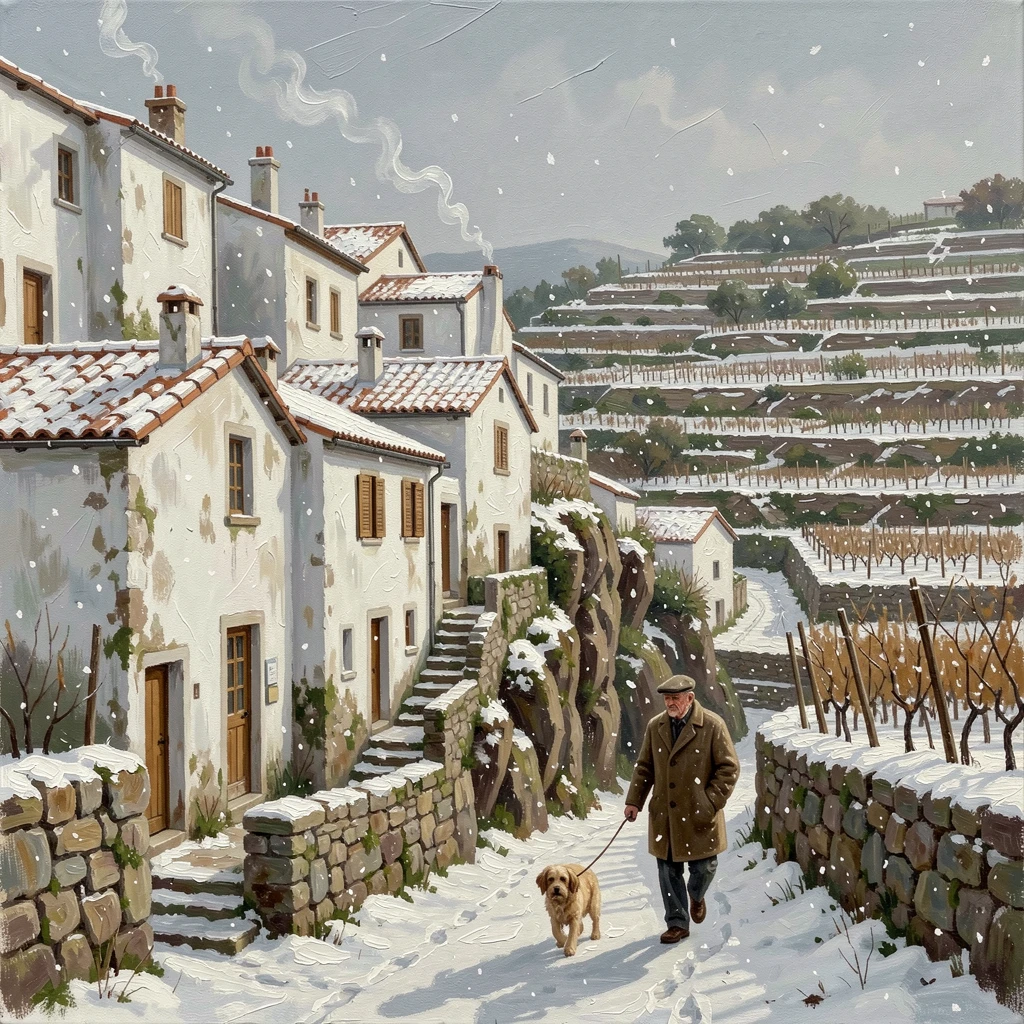 A cluster of whitewashed houses cascading down a cliffside, surrounded by terraced vineyards, an old man walking his dog along the quiet lane, during a light snowfall, smoke curling from chimneys.