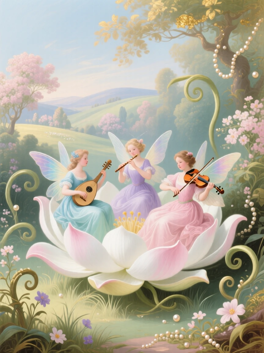 A fairy garden where tiny musicians perform inside an open lily  