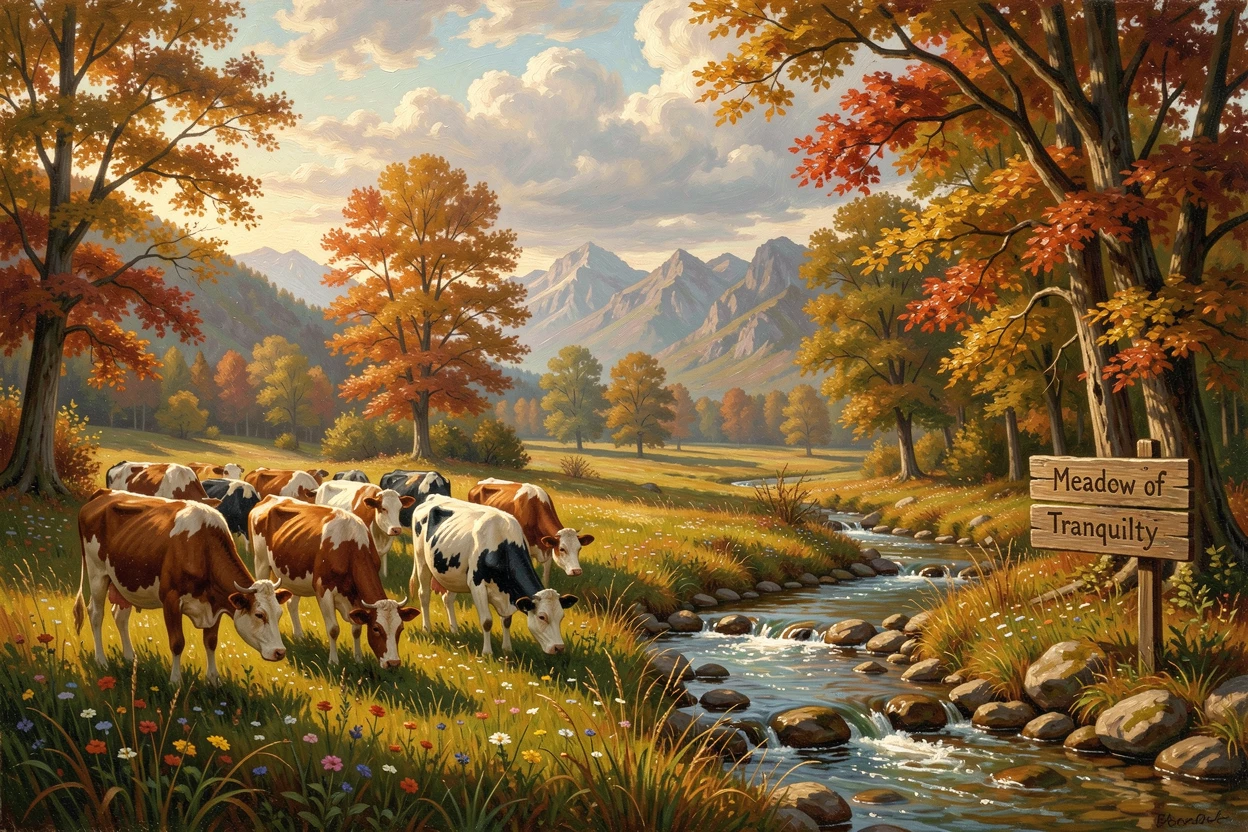Cows graze peacefully in a meadow beside a babbling brook.