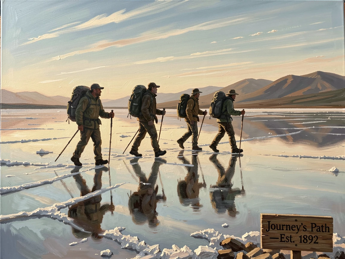 A group of hikers crossing a vast salt flat that mirrors the sky perfectly, as the golden light of dawn or dusk sets the perfect adventurous mood, designed to transport the viewer straight into the journey