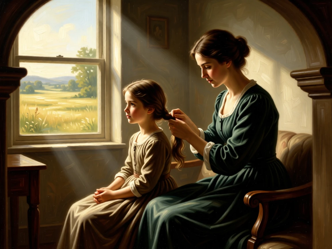 A mother braiding her daughter's hair by a sunlit window in a small, tender moment that says everything without words, set within a sunlit meadow just beyond a quiet farmhouse, with small, telling gestures like a held hand or a shared glance; gentle framing by a doorway or window softens the intimate scene, evoking pure, unguarded tenderness and love.