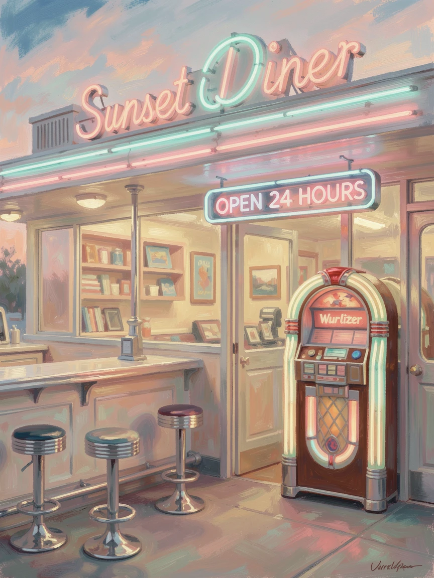 A 1950s diner with neon signs, chrome stools, and a jukebox playing beneath the evening lights, in the gentle hush of early morning, capturing a fleeting moment of pure happiness.