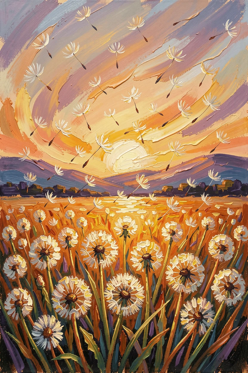 A field of dandelions releasing their seeds into a golden sunset breeze.