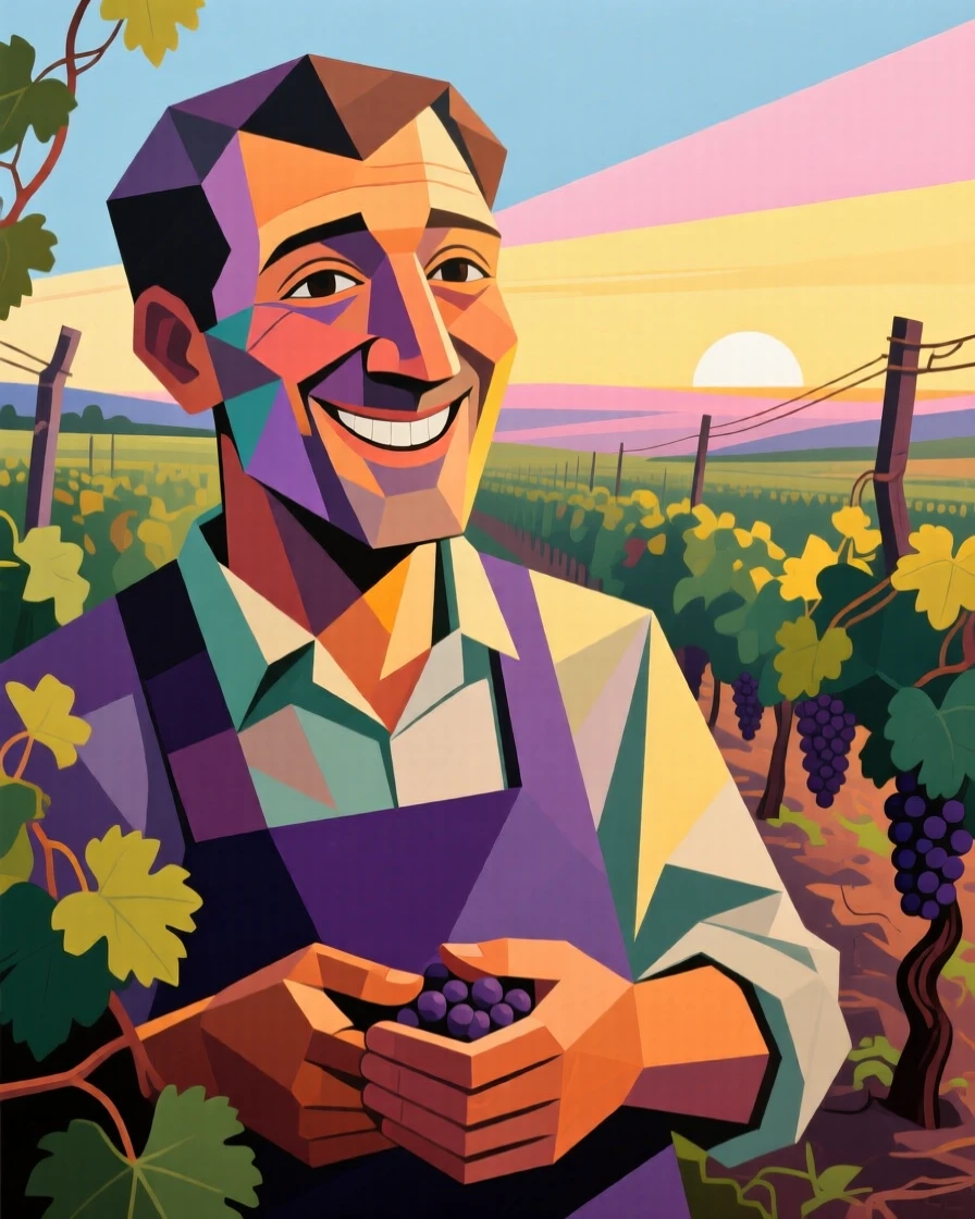 A tender close-up study of a vineyard grower smiling gently as the first light of dawn touches the horizon.