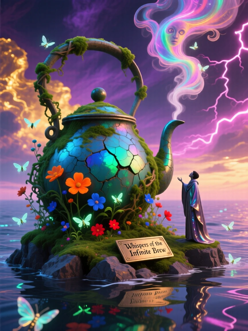 An enormous kettle steaming gently atop a small rocky island has become overgrown with moss, vines, and wildflowers, while a single small figure stands beside it for scale.
