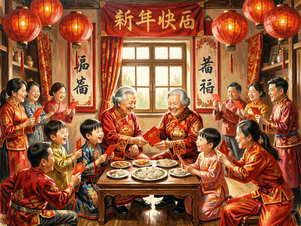 A vibrant Lunar New Year celebration fills a family home with red lanterns, dumplings, and children receiving red envelopes from smiling grandparents, the surrounding crowd adding energy and movement to the edges of the composition.