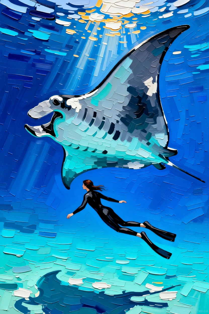 A free diver gliding gracefully alongside a giant manta ray in open blue water