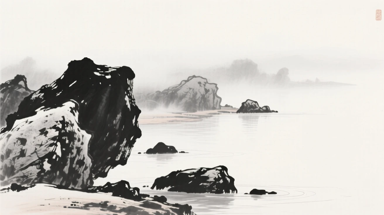 Fog rolls in over a rocky shoreline dotted with weathered boulders, as mist drifts slowly across the water's surface.