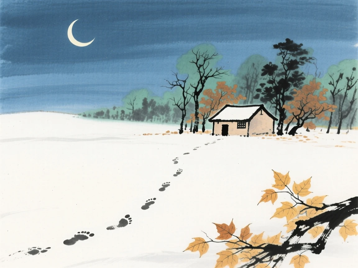 A single set of footprints crossing untouched snow toward a distant hut, beneath a crescent moon, as autumn leaves turn golden, imbued with timeless calm.