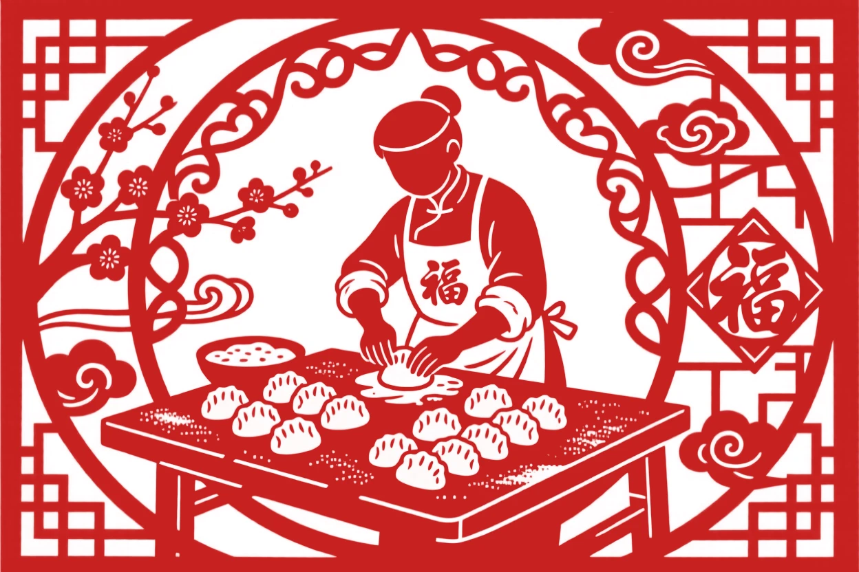 A street vendor, folding dumplings at a flour-dusted table, in framed by the soft glow of a fading afternoon.