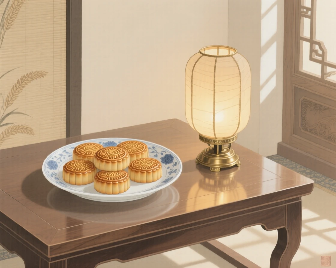 A plate of mooncakes arranged beside a small lantern on a low table in a sunlit room