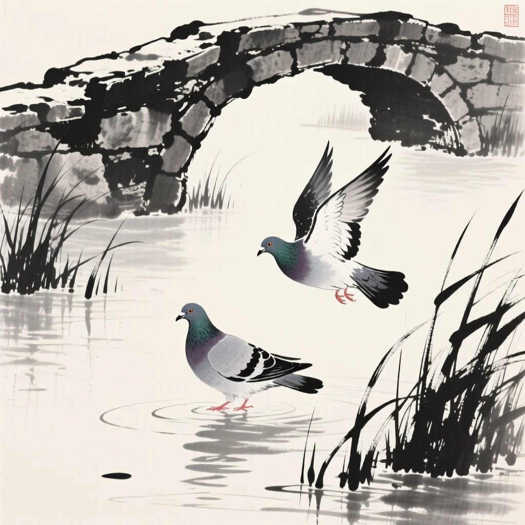 A pair of doves wading through shallow reeds near an old stone bridge, captured mid-motion with wings outstretched, evoking grace, freedom, and quiet elegance.