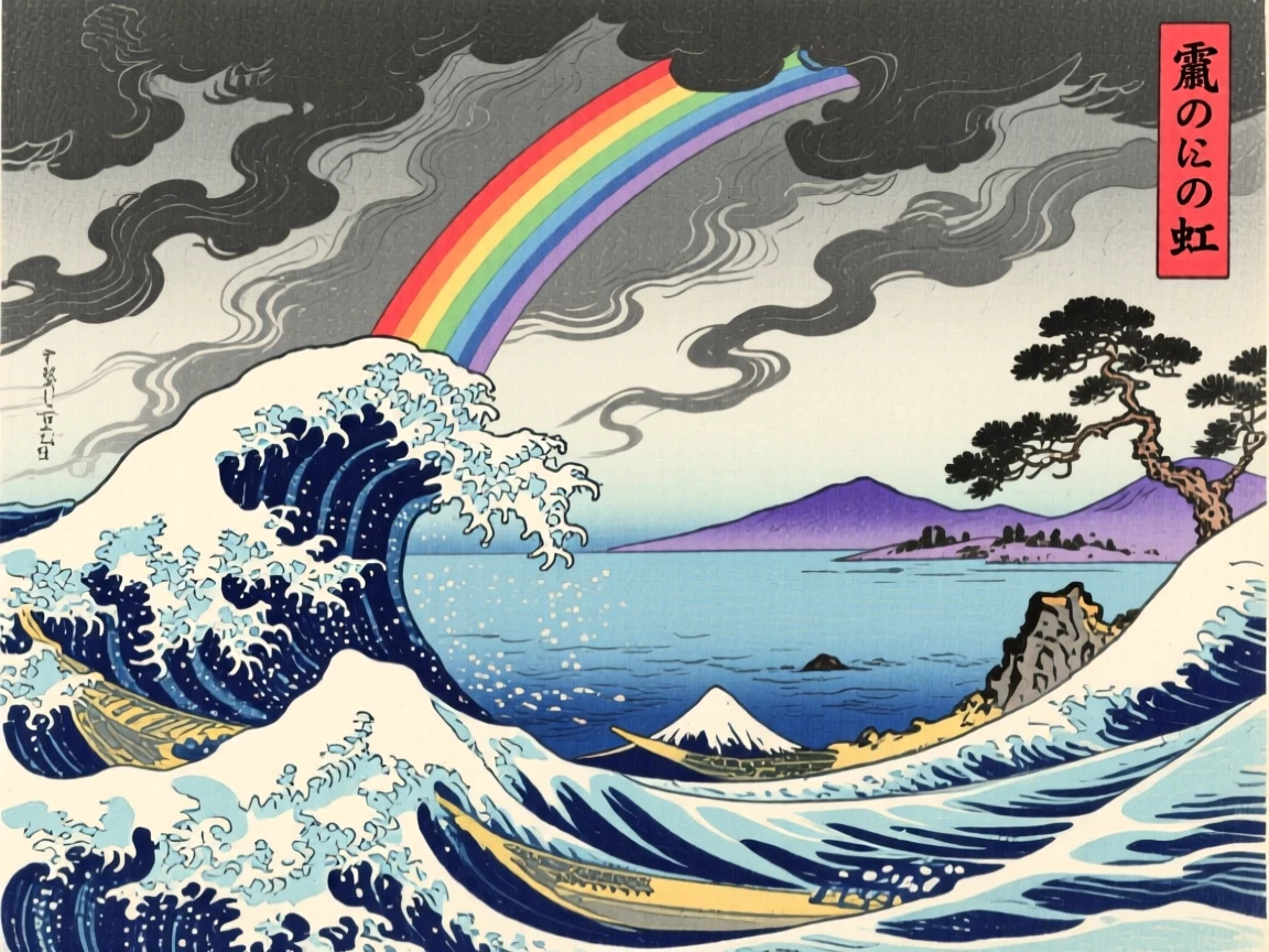 Storm clouds parting to reveal a rainbow, as waves crash below.