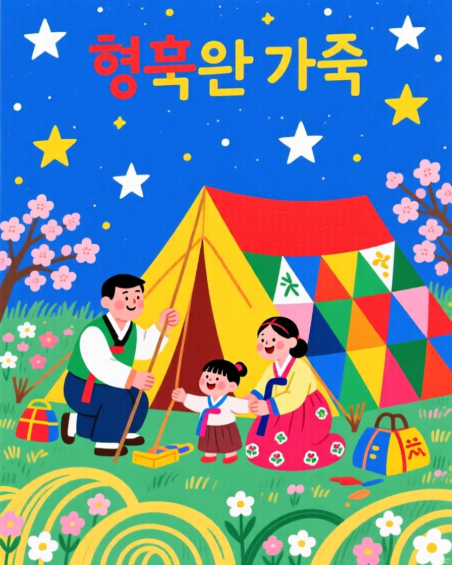 A family setting up a tent beneath a starry sky on a warm spring afternoon.
