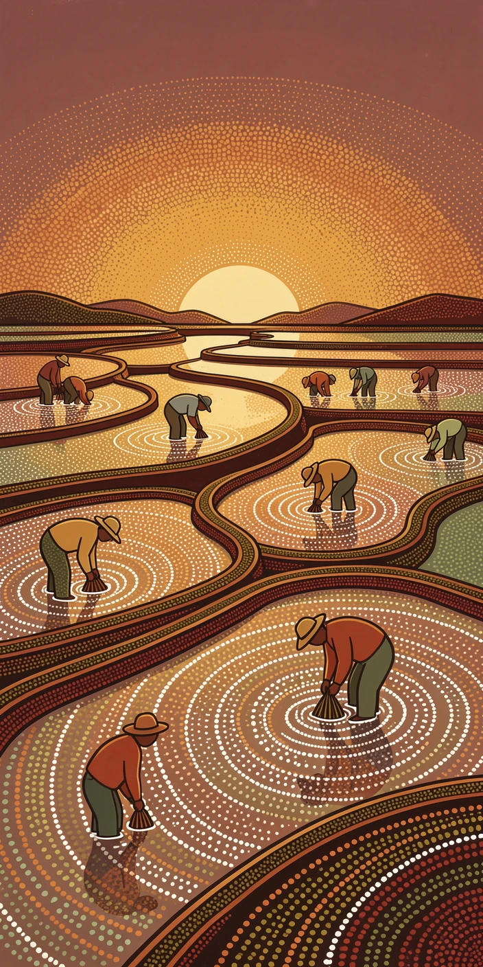 Farmers planting rice in flooded terraces at sunset