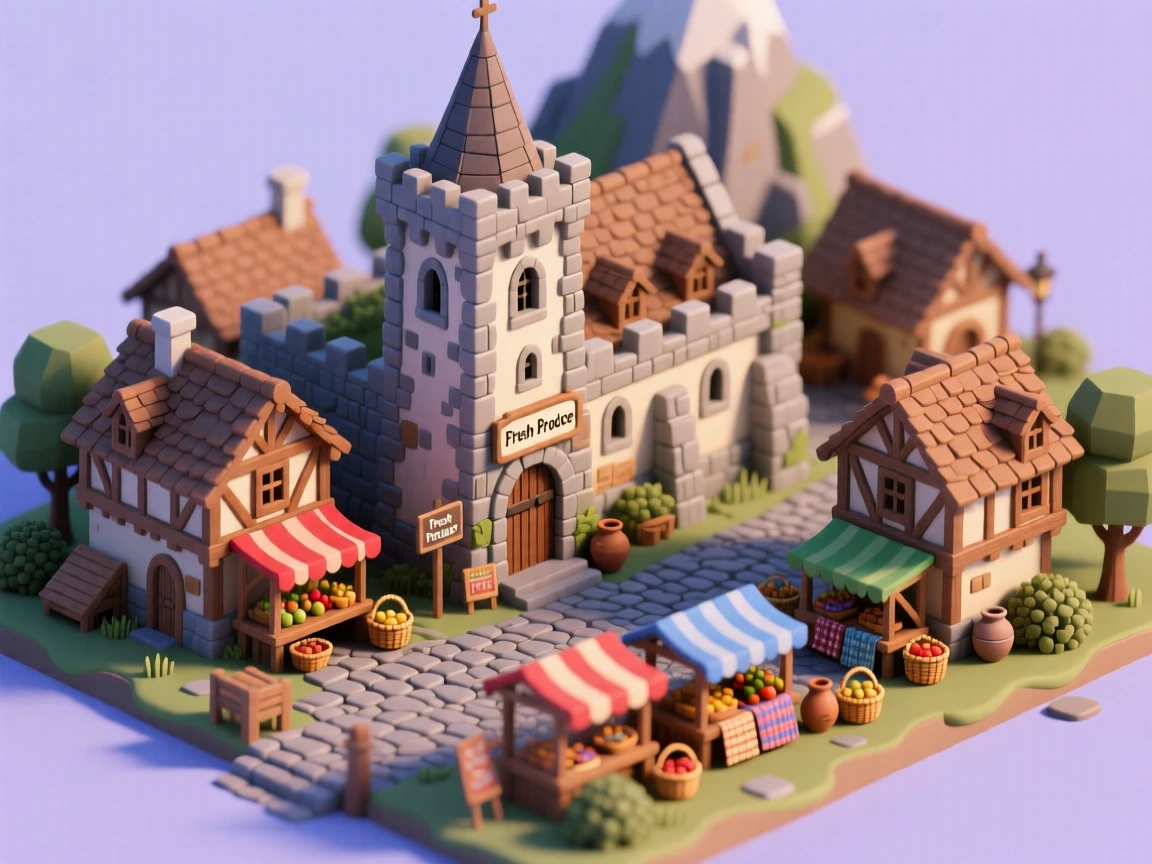 A medieval Transylvanian mountain village with a fortified church, wooden houses, and a market gathering in the town square.