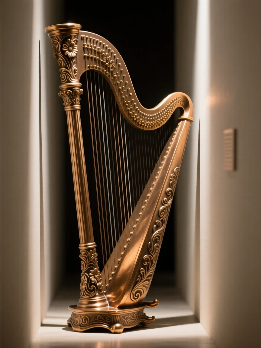An ornate golden harp standing in a shaft of light, with delicate texture and fine ornamentation, radiating elegance and refinement