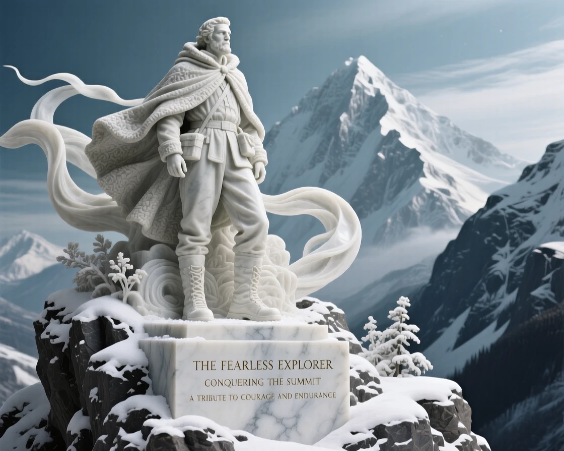 A beautifully composed image of a fearless explorer atop a snowy peak, framed by dramatic natural scenery, full of atmosphere and visual storytelling
