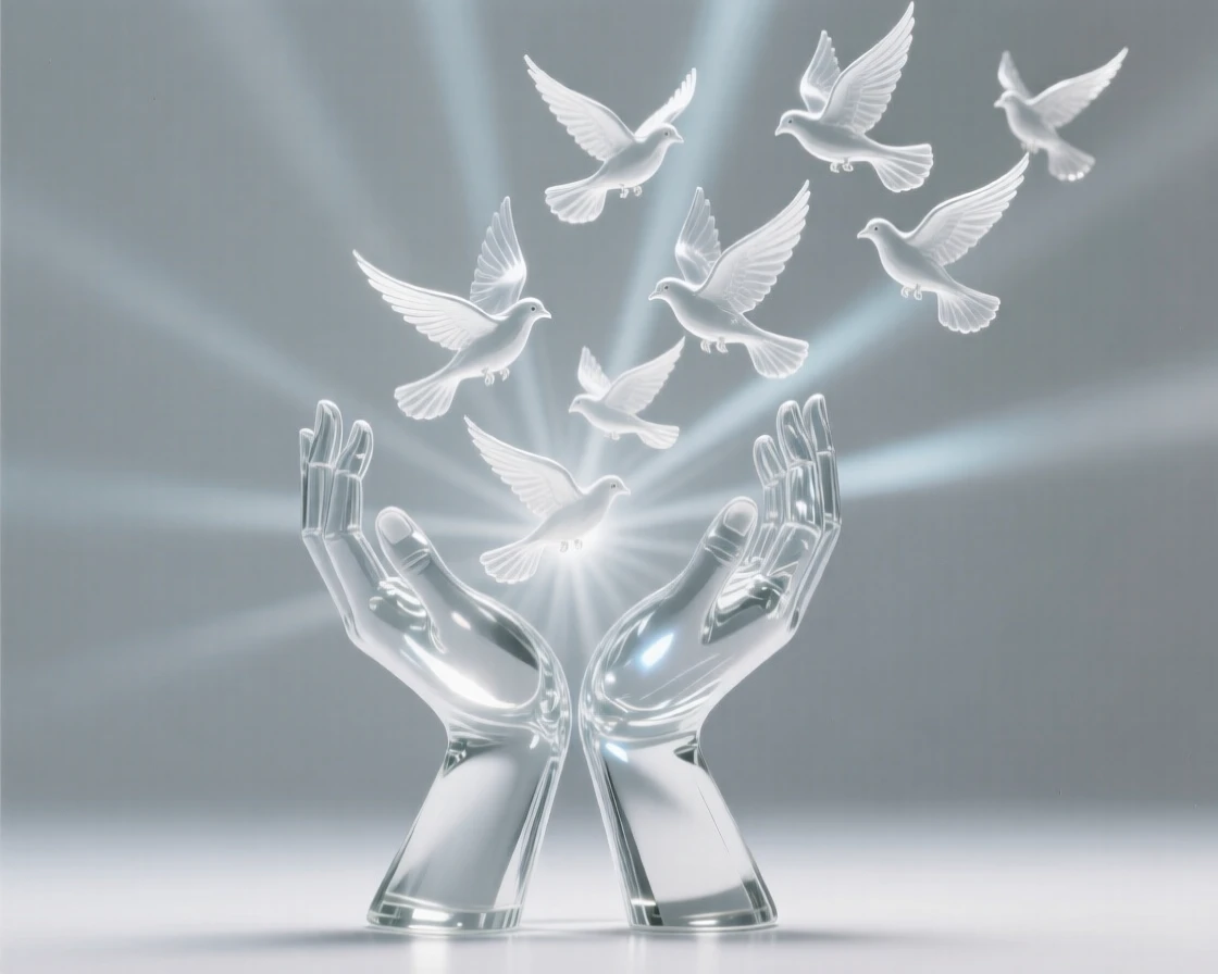 A pair of hands cupped together releasing a flock of doves with soft rays of light stretching outward in every direction