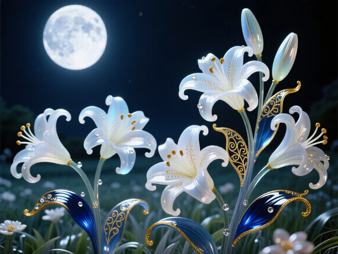 A field of blooming lilies glowing softly beneath the fullest moon at midnight, serene and pure.