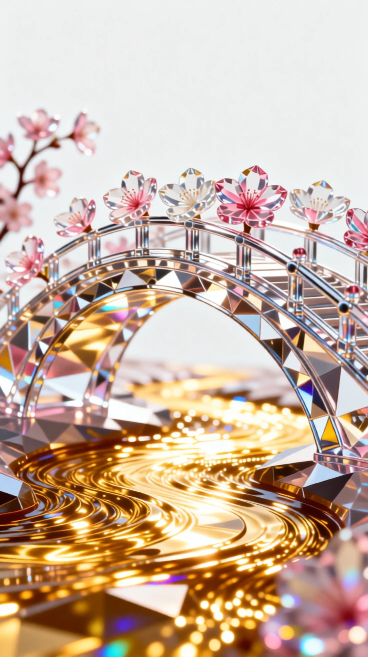 A surreal bridge of blooming cherry blossoms spanning a river of golden light.