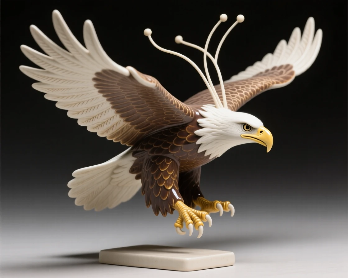 A bald eagle soaring with wings outstretched captured mid-flight with wings fully spread, with delicate antennae catching the breeze, stirring quiet joy and gentle wonder.