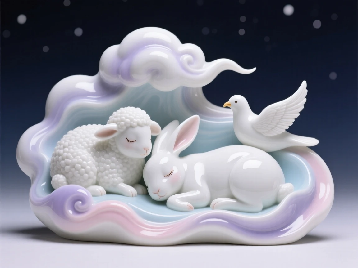 A surreal composition where clouds take the shape of gentle sleeping animals, lit with the soft glow of an eternal twilight.