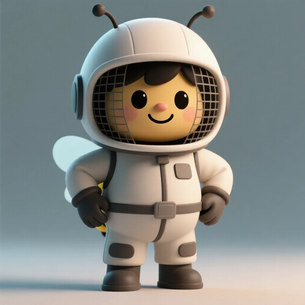 A proud young beekeeper wears a slightly too-large protective suit, grinning behind the mesh veil.