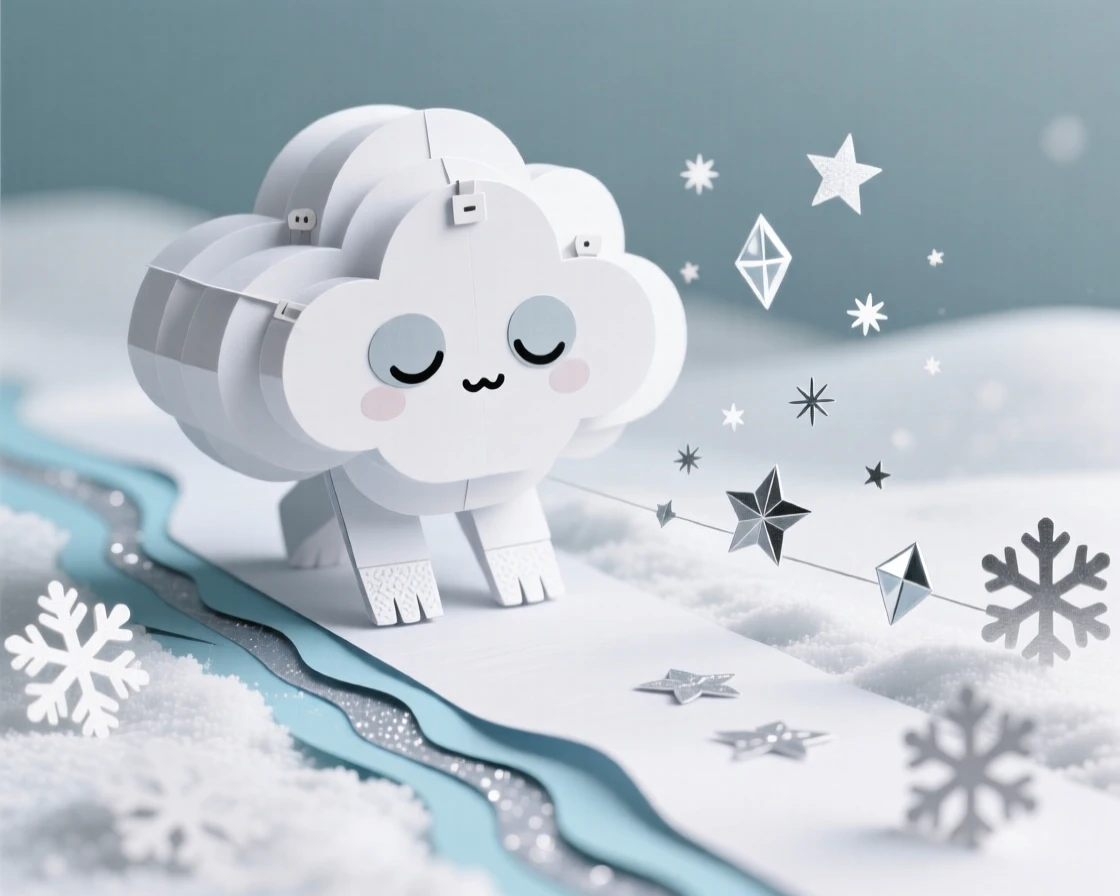 A sleepy cloud creature waddling across a snowy path, with tiny sparkles trailing behind it, conveying playful, heartwarming delight.