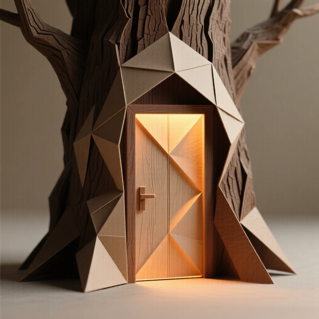 A single door built into the trunk of an ancient tree, glowing faintly from within.