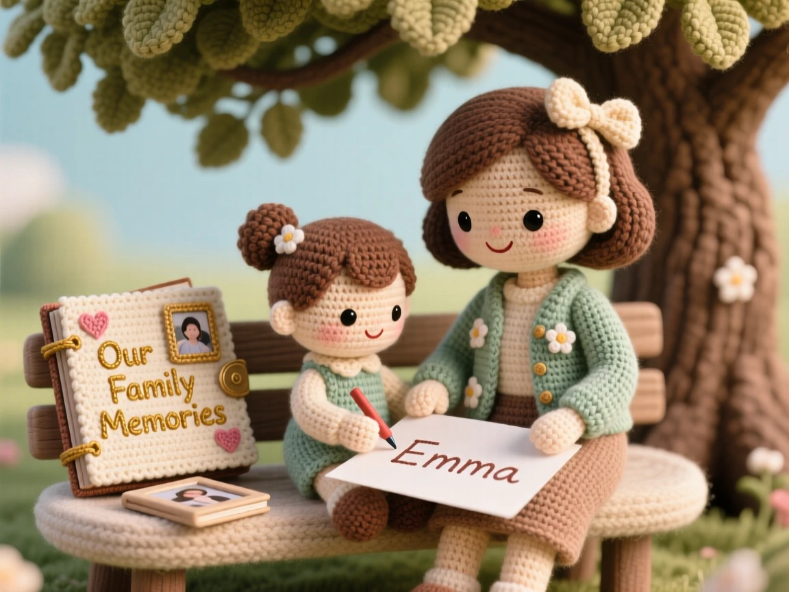A heartwarming family moment: a mother helping her child learn to write their name guiding a small hand across paper, praising the finished careful letters within a peaceful park bench beneath a shady tree; a worn but beloved family photo album nearby, full of heartfelt closeness and shared happiness.