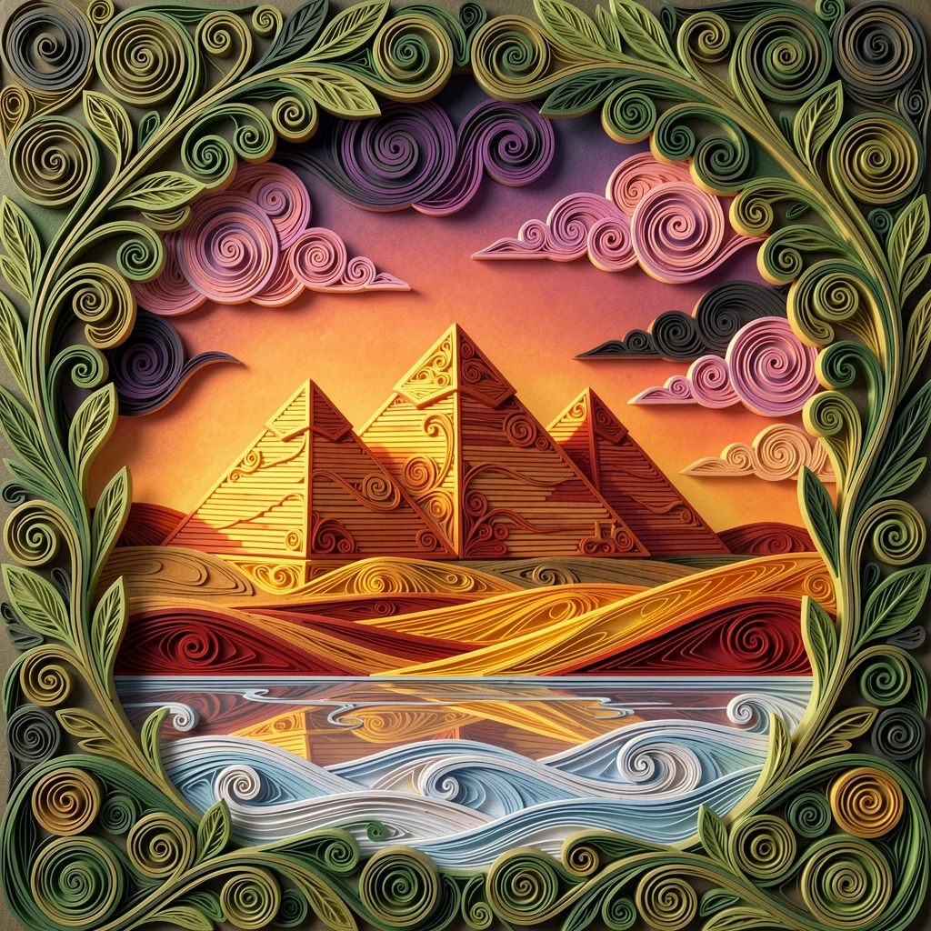 the pyramids of Giza glowing under a desert sunset, beneath dramatic clouds catching the last light of day, framed within a natural archway of foliage, with soft reflections shimmering on still water.