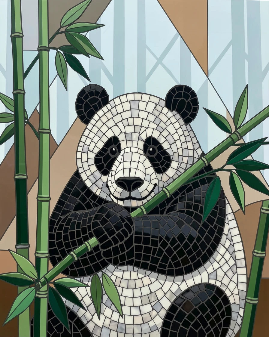 A giant panda munching on bamboo in a misty forest.