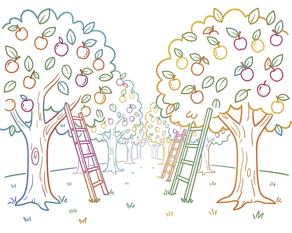 A quiet orchard row with ladders leaning against trees heavy with apples.