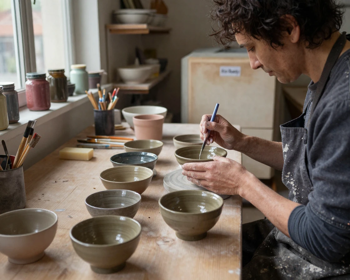 A ceramic artist glazes a row of bowls before a final kiln firing.