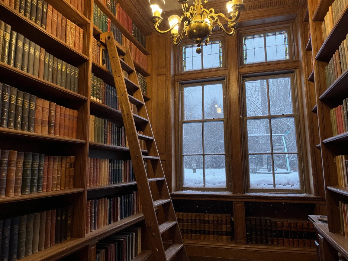 A grand old library with a rolling ladder and dusty shelves, welcoming and warm, during a quiet snowfall outside
