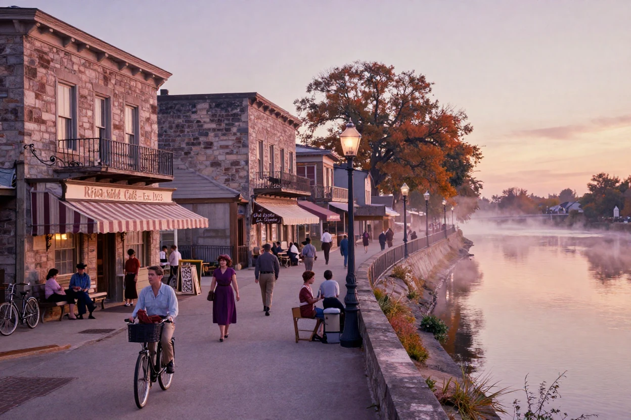 A busy riverside promenade lined with old stone buildings, under a glowing sunset sky, as mist rises off the ground, in the mild days of early autumn, in soft muted pastels, from a wide establishing view.