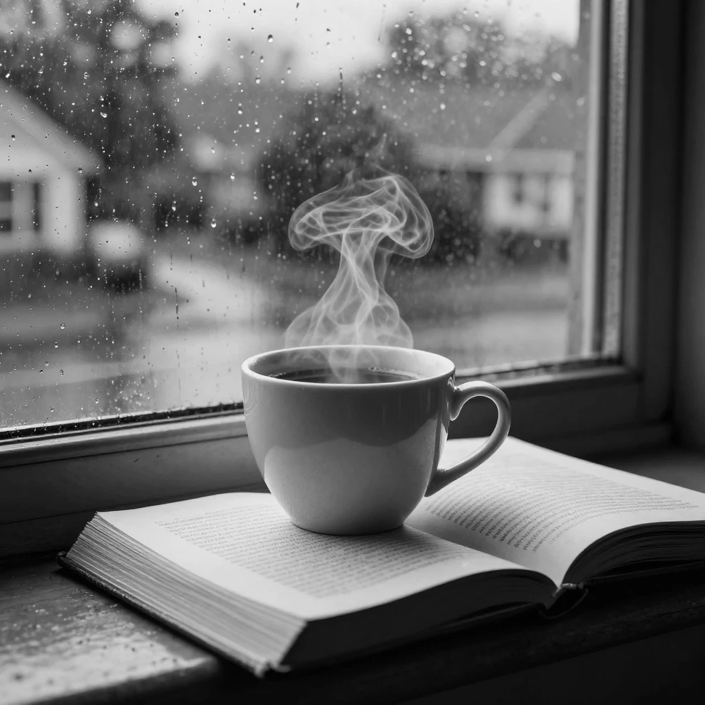 A steaming cup of coffee sits beside an open book on a rainy windowsill.