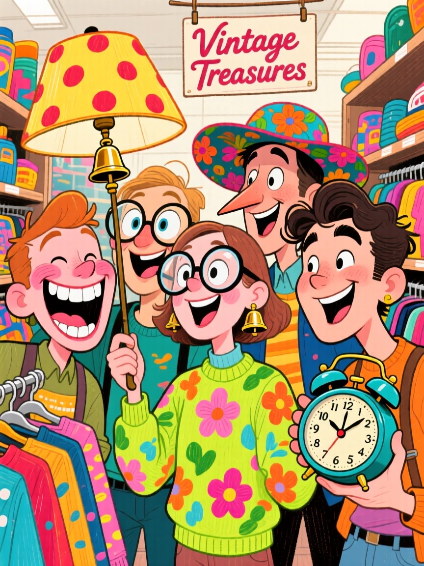 A group of friends thrift shopping together, holding up quirky vintage finds.
